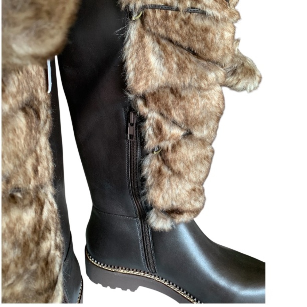 LANDSEND Women’s Lace Up Faux Fur Tall Leather Boots With Pom Poms, Zip Closure - Picture 12 of 13